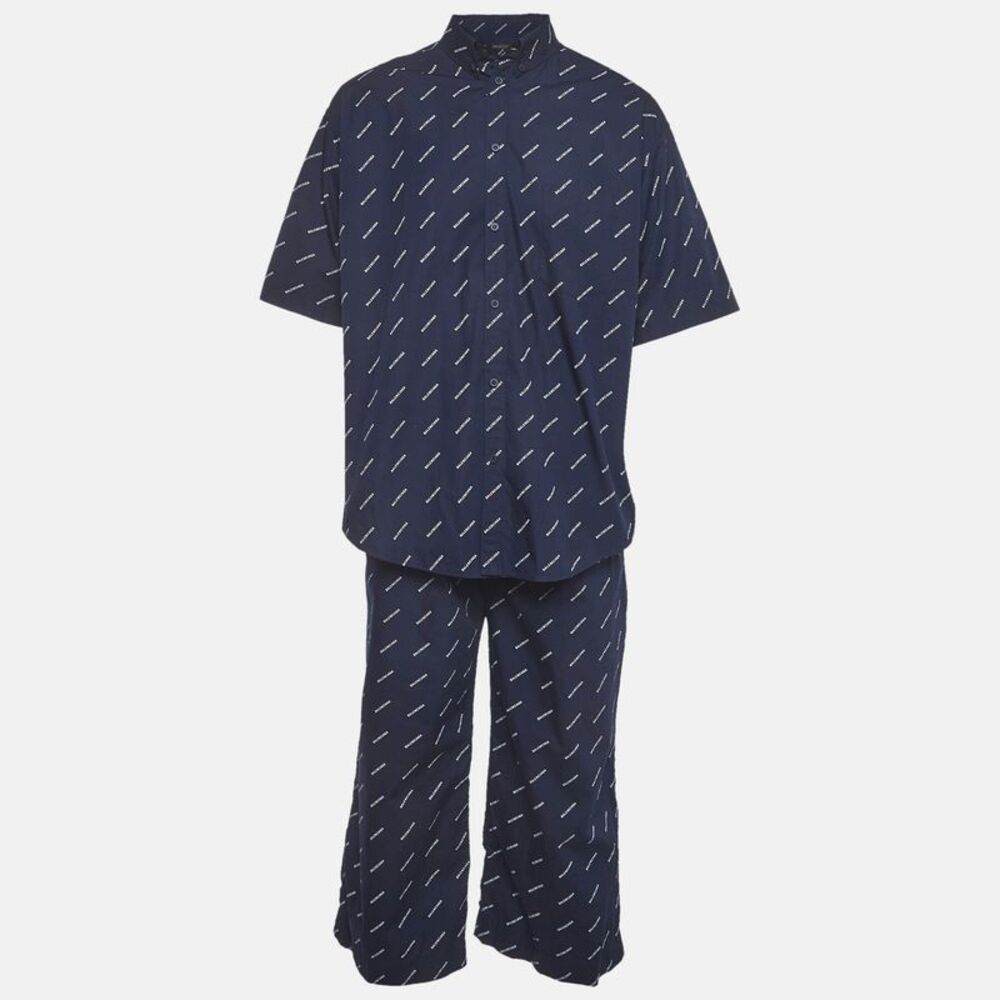 Balenciaga Navy Blue Logo Print Cotton Pyjama Set M/l